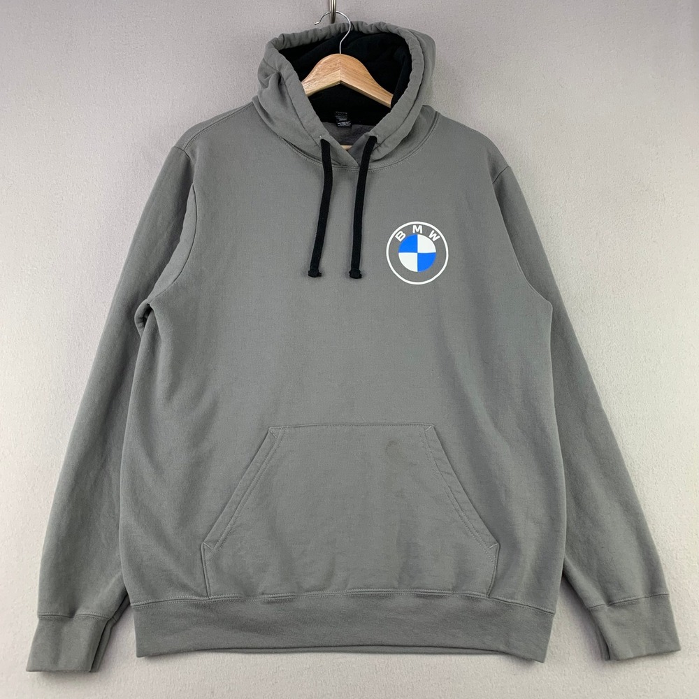 BMW Fleece Hoodie Men Large Gray Logo Pullover Sweatshirt Racing AutoX